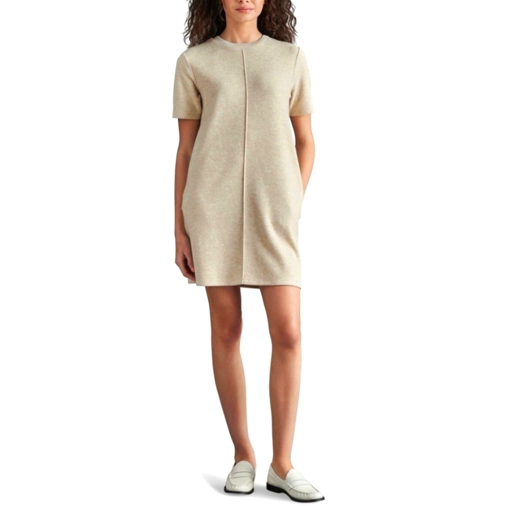 Heathered Oatmeal Soft & Fuzzy Short Sleeve Pullover Sweater Dress Cozy Coastal